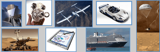 "Collage of products and systems: architecture, biomedical, aerospace, automotive, robotics, electronics, and shipping"
